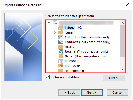 Export Outlook Data File option, Select the folder you want to download