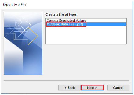 xport a file page chooses Outlook Data File