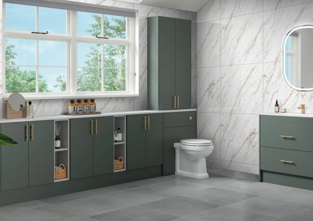 Combine tiles with modern lighting for a premium look