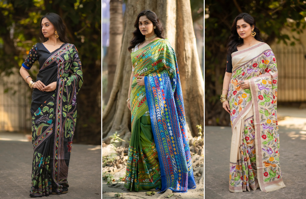 kantha stitch sarees