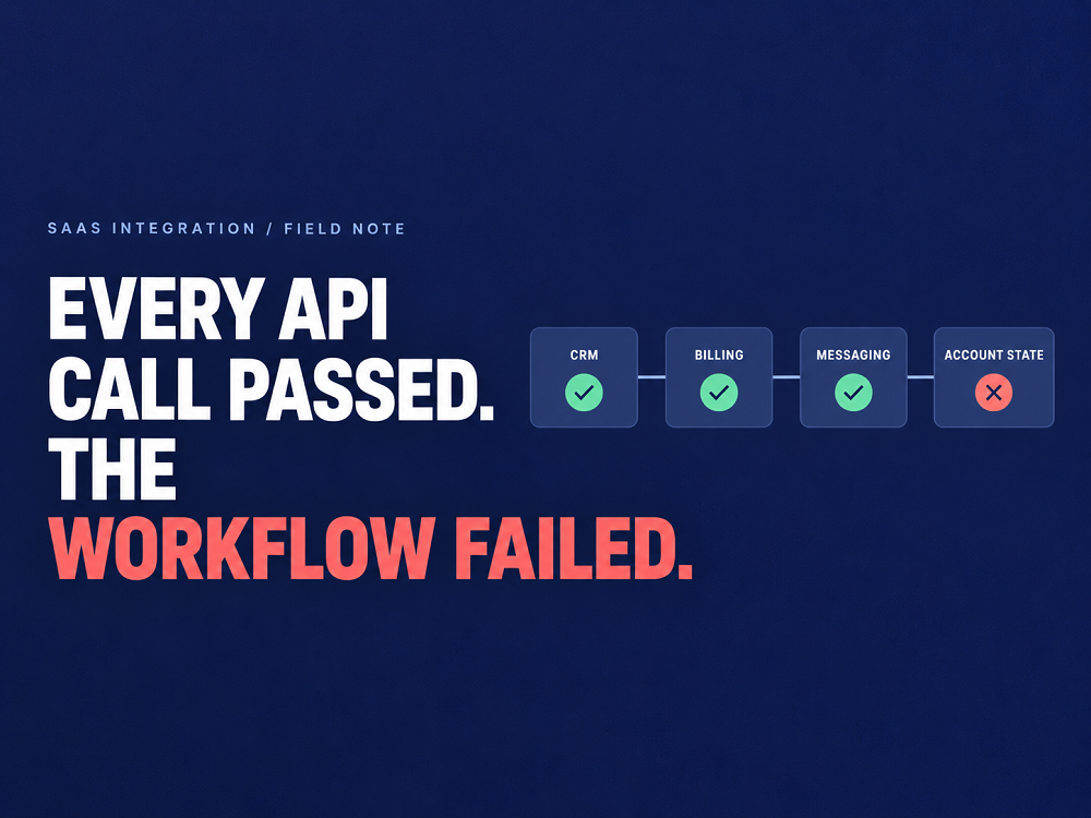 SaaS integration workflow showing successful CRM, billing, and messaging API calls followed by a failed account-state update